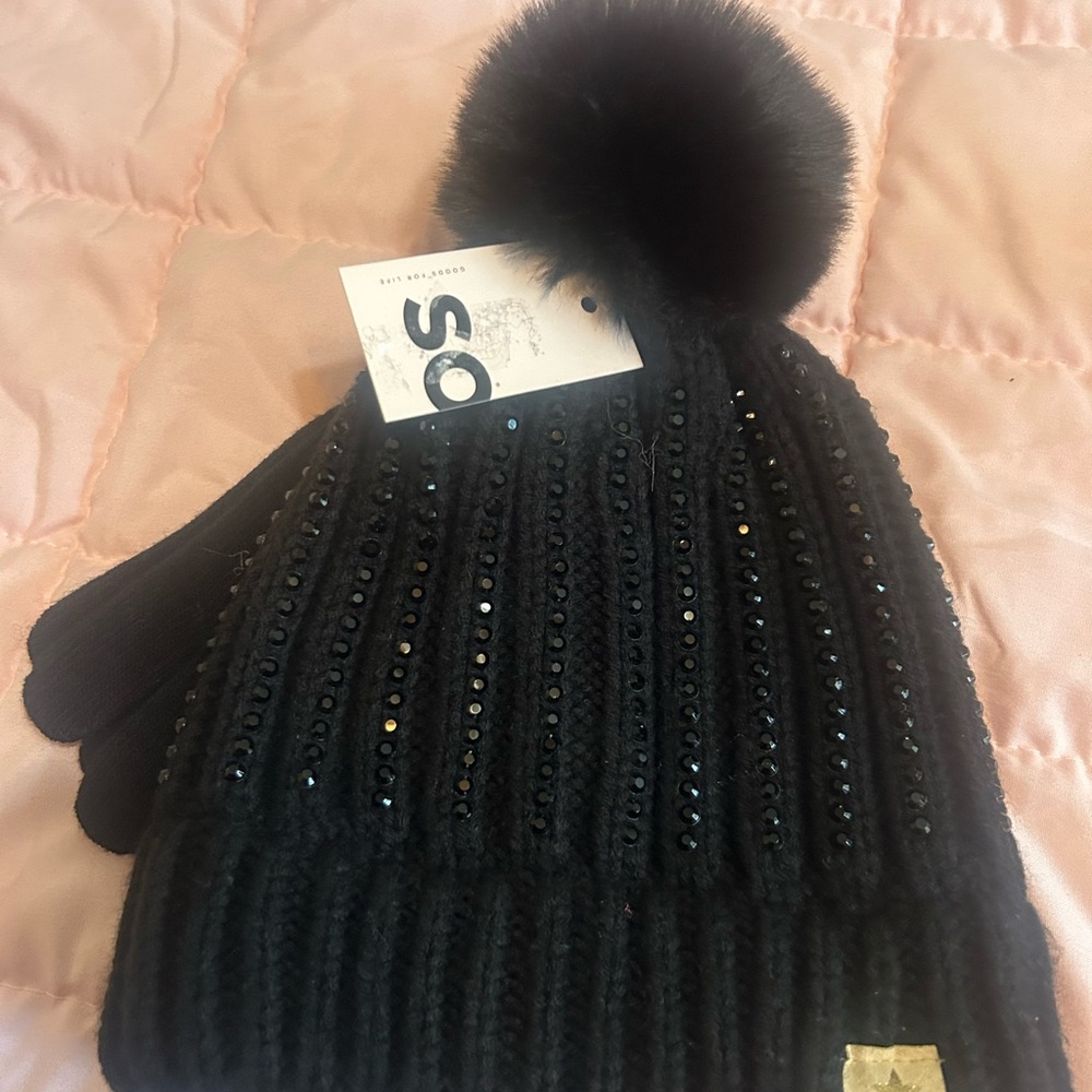 Kohl's Black Kids Knit Pom Beanie with Sequins and Gloves
